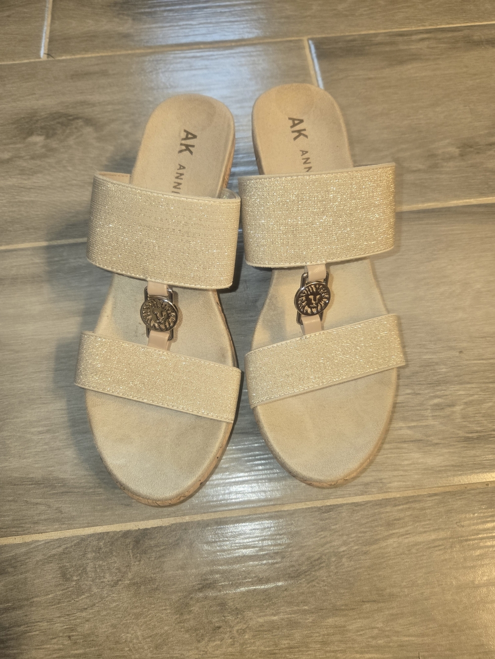 Anne Klein Champagne Metallic Double-Strap Slide Sandals